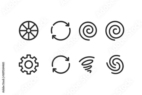 Spin Symbol Icons. Outline icon set of spin symbols: spinning wheel, circular arrows, vortex, spiral, rotating gear, refresh icon,