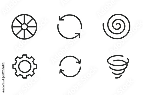 Spin Symbol Icons. Outline icon set of spin symbols: spinning wheel, circular arrows, vortex, spiral, rotating gear, refresh icon,