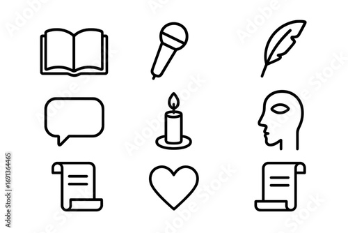 Poetry Icon Collection. Outline icon set of poetry and spoken word: open book, microphone, feather quill,