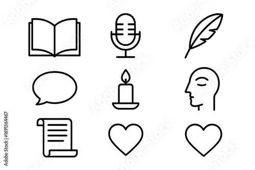 Poetry Icon Collection. Outline icon set of poetry and spoken word: open book, microphone, feather quill,