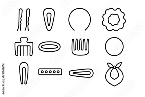 Hair Accessory Icons. Outline icon set of Hair accessories: hairpins, hair clips, headband, scrunchie,