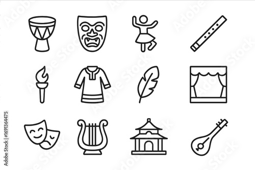 Cultural Performance Icons. Outline icon set of cultural performance: drum, mask, dancer, flute, torch,