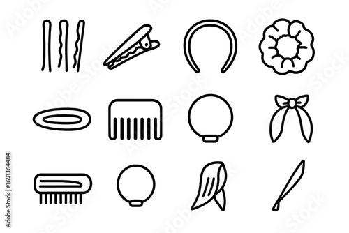 Hair Accessory Icons. Outline icon set of Hair accessories: hairpins, hair clips, headband, scrunchie,