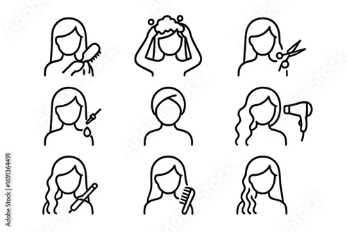 Hair Care Icons. Outline icon set of Hair maintenance routines: brushing, washing, trimming, oiling, masking,