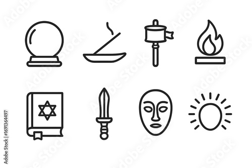 Spiritual Symbols Icons. Outline icon set of spiritual symbols and tools: crystal ball, incense holder, prayer wheel, sacred flame