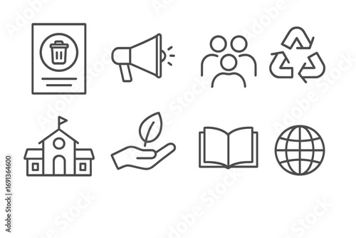 Waste Awareness Icons. Outline icon set of public awareness on waste: poster, megaphone, community group,