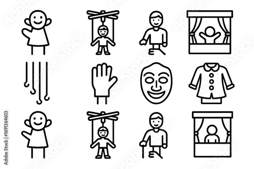Puppetry Icon Grid. Outline icon set of Puppetry workshops: hand puppet, marionette, rod puppet, puppet stage,