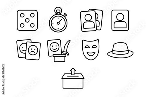 Improvisation Game Icons. Outline icon set of Improvisation games: dice, timer, character cards, emotion cards