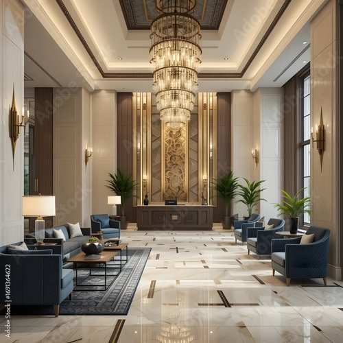 A grand and luxurious hotel lobby interior with a large chandelier and elegant sofas.
