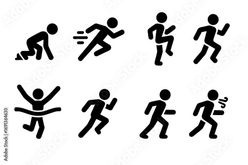 Sprint Techniques Icons. Solid, filled icon set of sprint techniques: sprint start, acceleration, high knee, arm swing, finish