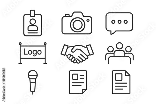 PR Events Icons. Outline icon set of public relations events: press badge, camera, speech bubble, logo banner,