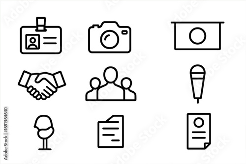 PR Events Icons. Outline icon set of public relations events: press badge, camera, speech bubble, logo banner,