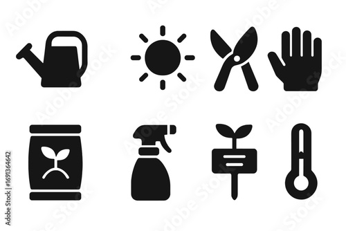 Sprouting Care Icons. Solid, filled icon set of sprouting care: watering can, sun, pruning shears, gloves, fertilizer, spray