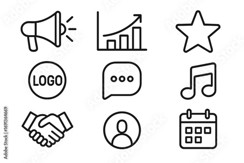 Creative Promotion Icons. Outline icon set of creative promotion strategies: megaphone, graph chart, star,