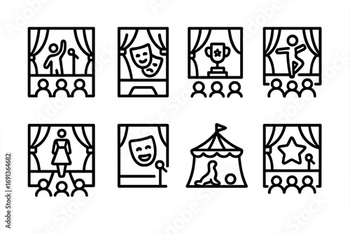 Stage Event Icons. Outline icon set of stage event types: concert, theater play, award show, dance recital, fashion show, comedy