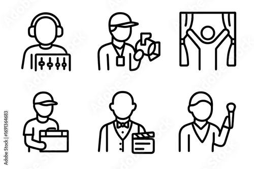 Stage Personnel Icons. Outline icon set of stage personnel: sound engineer, lighting technician, stage manager, performer, roadie,