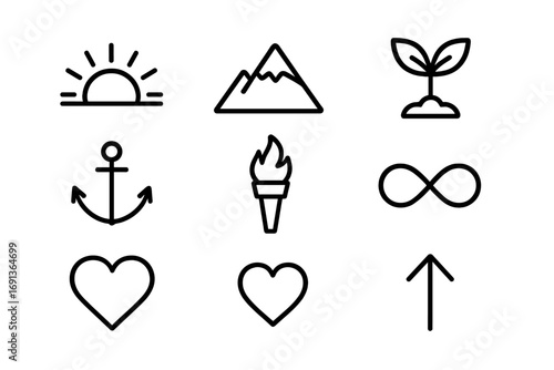 Resilience Icons. Outline icon set of resilience and hope: rising sun, mountain peak, seedling, anchor, torch,
