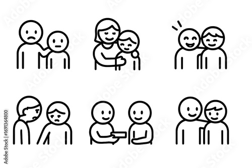 Stepsiblings Emotion Icons. Outline icon set of stepsiblings emotions and roles: big sibling, little sibling, caring, jealousy,