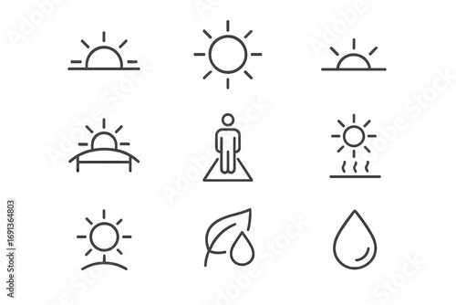 Daily Solar Effects Icons. Outline icon set of Daily solar effects: sunrise, noon sun, sunset, daylight hours,