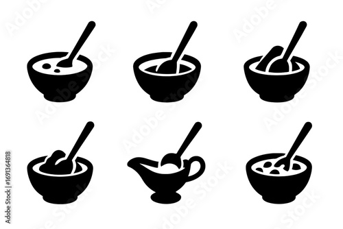 Stirring Food Icons. Solid, filled icon set of stirring food types: soup, sauce, batter, custard, dough, cream, gravy, stew. [Line