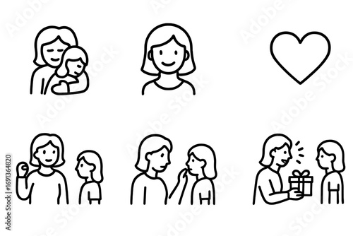 Stepmother Emotions Icons. Outline icon set of stepmother’s emotions and support: comforting hug, smiling face, helping hand,