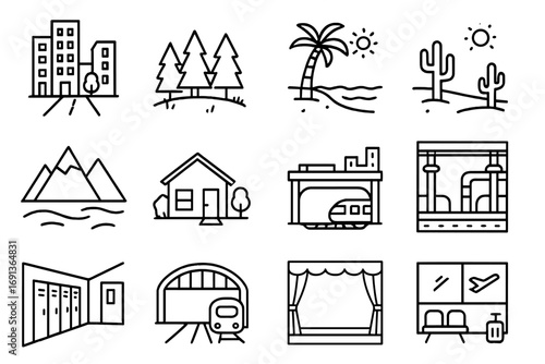 Filming Location Icons. Outline icon set of filming locations: city street, forest clearing, beach, desert, mountain range,