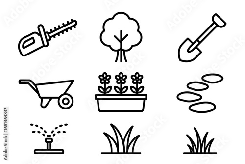 Landscaping Icon Set. Outline icon set of landscaping: hedge trimmer, tree, shovel, wheelbarrow, flower bed,