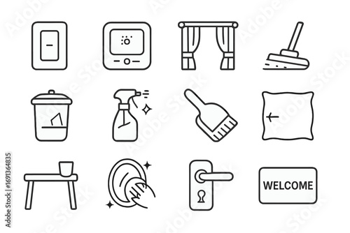 Final Room Checklist Icons. Outline icon set of final room readiness check: light switch, thermostat, curtain open, carpet sweep,
