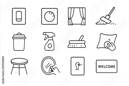 Final Room Checklist Icons. Outline icon set of final room readiness check: light switch, thermostat, curtain open, carpet sweep,