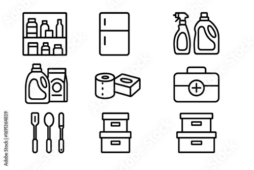 Household Supplies Icons. Outline icon set of Managing household inventories and supplies: pantry, fridge,