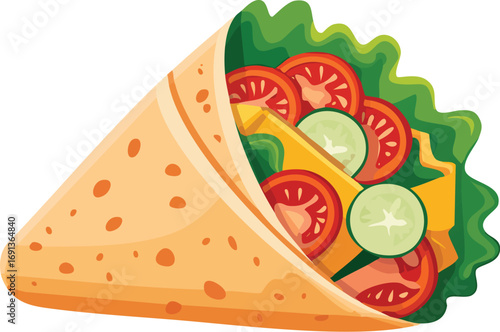 A fresh and healthy food wrap filled with salad, tomatoes, and cucumber. A delicious vector illustration for vegetarian, vegan, and diet concepts. Generative AI