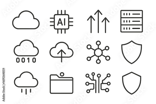 Cloud AI Icon Set. Outline icon set of cloud AI computing: cloud icon, AI chip, data arrows, server rack,