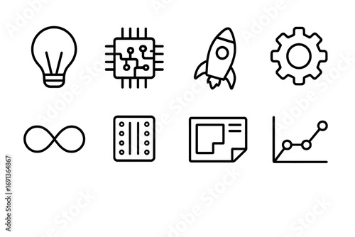 AI Innovation Icons. Outline icon set of AI innovation: light bulb, AI chip, rocket, cogwheel, infinity symbol