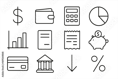 Finance Icon Set. Outline icon set of budget tracking and finance overview: dollar sign, wallet, calculator, pie chart, bar graph,