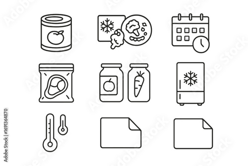 Food Preservation Icons. Outline icon set of Food preservation and tracking: canned food, frozen items,