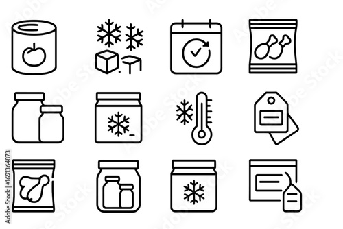Food Preservation Icons. Outline icon set of Food preservation and tracking: canned food, frozen items,