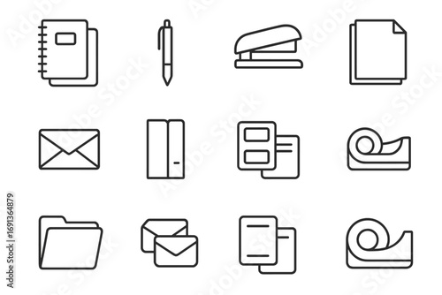 Home Office Icons. Outline icon set of Home office supply management: notebooks, pens, stapler, printer paper,