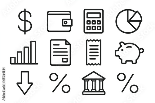 Finance Icon Set. Outline icon set of budget tracking and finance overview: dollar sign, wallet, calculator, pie chart, bar graph,