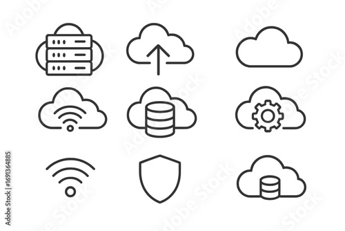Cloud Computing Icons. Outline icon set of cloud computing: server rack, upload arrow, download arrow, cloud