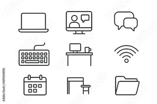 Digital Workplace Icons. Outline icon set of digital workplace: laptop, video call screen, chat bubble,