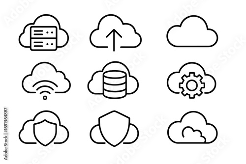 Cloud Computing Icons. Outline icon set of cloud computing: server rack, upload arrow, download arrow, cloud