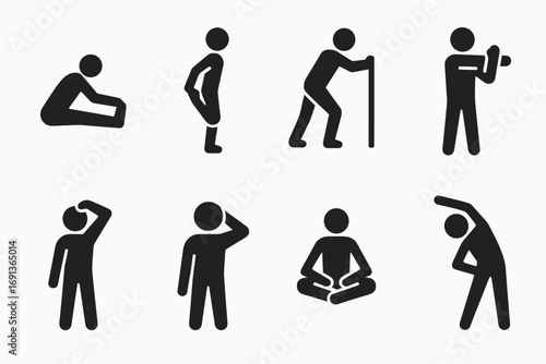 Stretching Exercises Icons. Solid, filled icon set of stretching exercises: hamstring stretch, quad stretch, calf stretch,