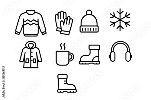 Winter Essentials Icons Collection. Outline icon set of winter collection: sweater, gloves, beanie, snowflake,