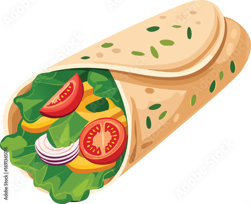 A healthy and delicious vegetable wrap or burrito with lettuce, tomato, and cheese in a tortilla. A vector illustration for fast food and healthy eating concepts. Generative AI