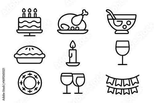 Festival Food Icons. Outline icon set of Food in festivals and celebrations: cake, roast turkey, punch bowl,