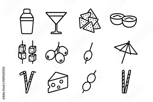 Appetizer and Drink Icons. Outline icon set of Fun appetizer and drinks night: cocktail shaker, martini glass,