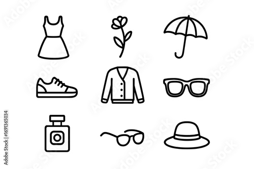 Spring Fashion Icons. Outline icon set of spring fashion collection: dress, flower, umbrella, sneakers,