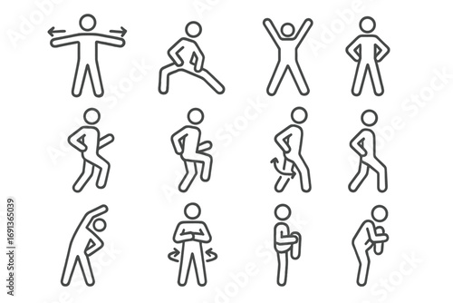 Fitness Warm-Up Icons. Outline icon set of Fitness class warm-up routines: arm circles, side lunges, jumping jacks, high knees,