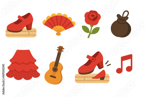 Flamenco Dance Icons. Flat vector mini-illustrations Flamenco shoes stamping on wooden floor in colors children's illustrations: