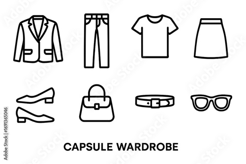 Capsule Wardrobe Icons. Outline icon set of capsule wardrobe: jacket, jeans, t-shirt, skirt, shoes, handbag,